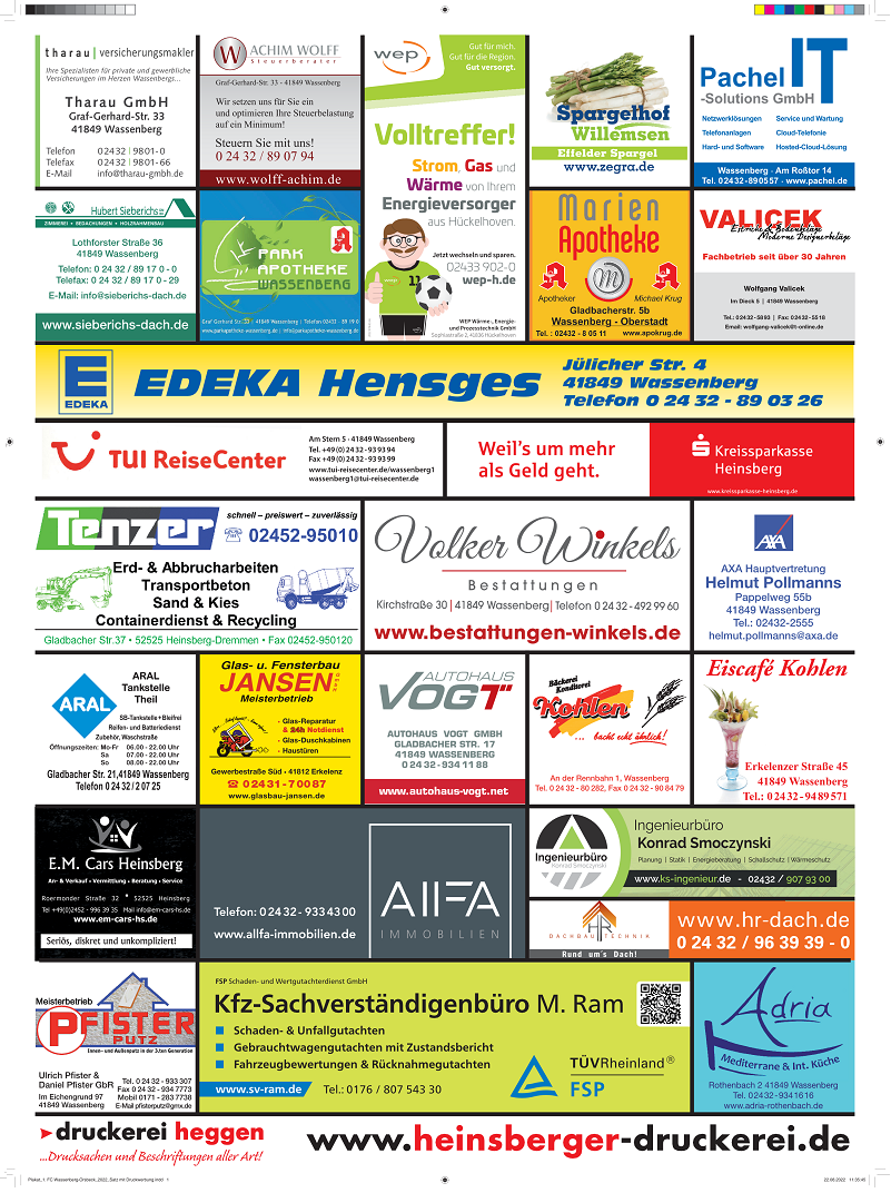 Sponsorentafel des 1. FC Wassenberg-Orsbeck mit allen Partnern und Sponsoren
